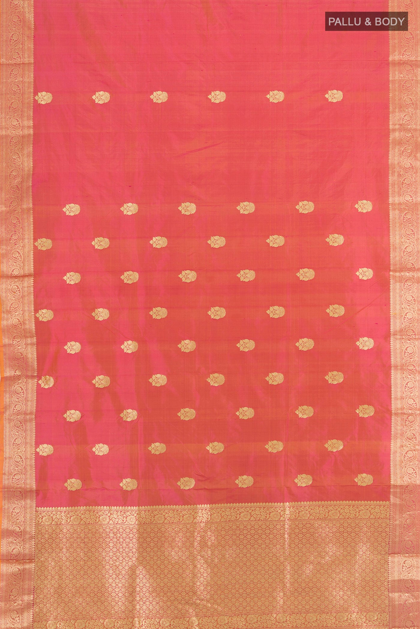 Flat view of Rose pink Banarasi Katan Silk Saree with Zari Butta on the body and Silk Border. 