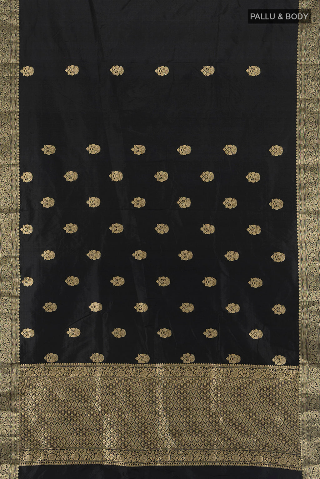 Flat view of Black Banarasi Katan Silk Saree with Zari Butta on the body and Zari Border. 