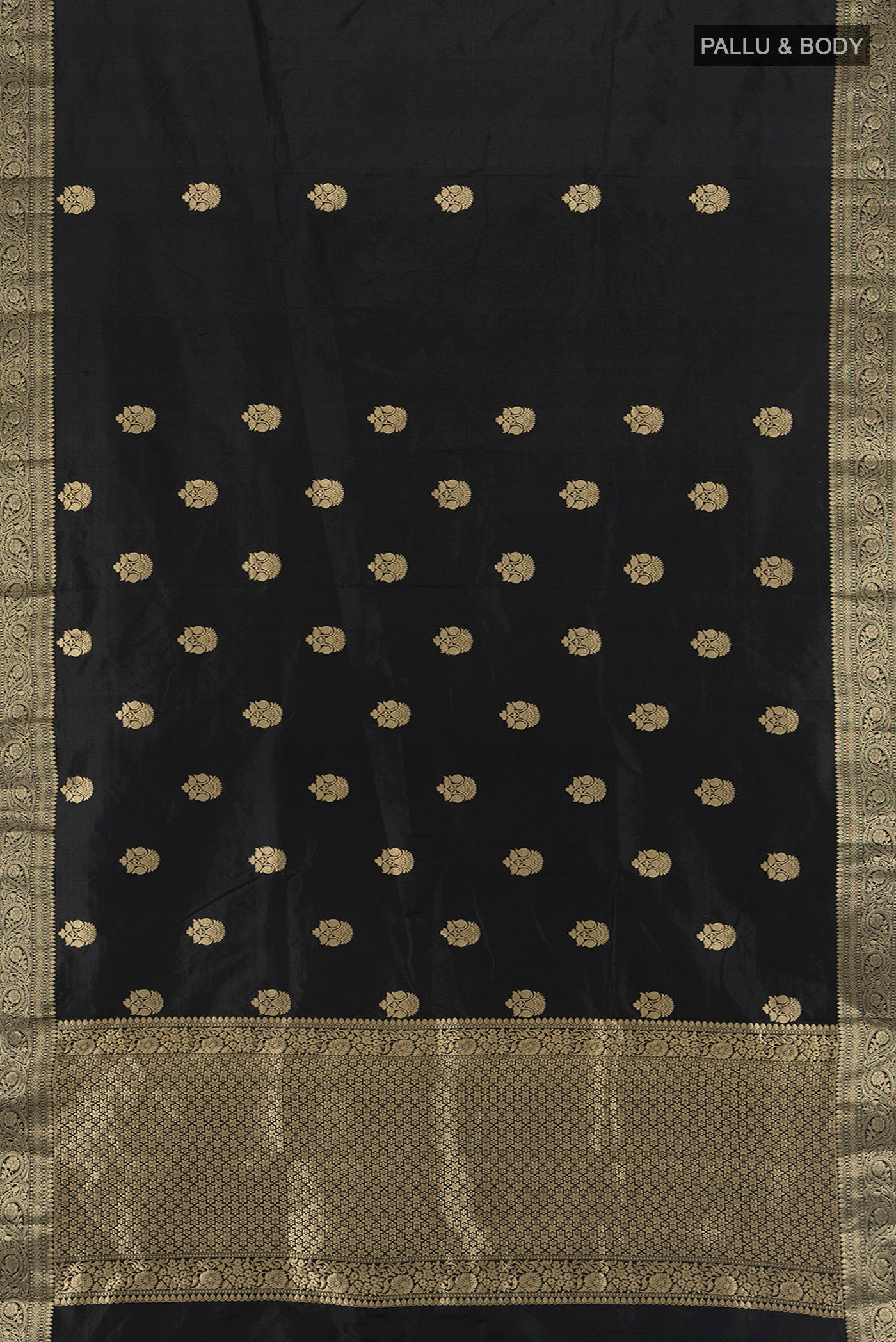 Flat view of Black Banarasi Katan Silk Saree with Zari Butta on the body and Zari Border. 