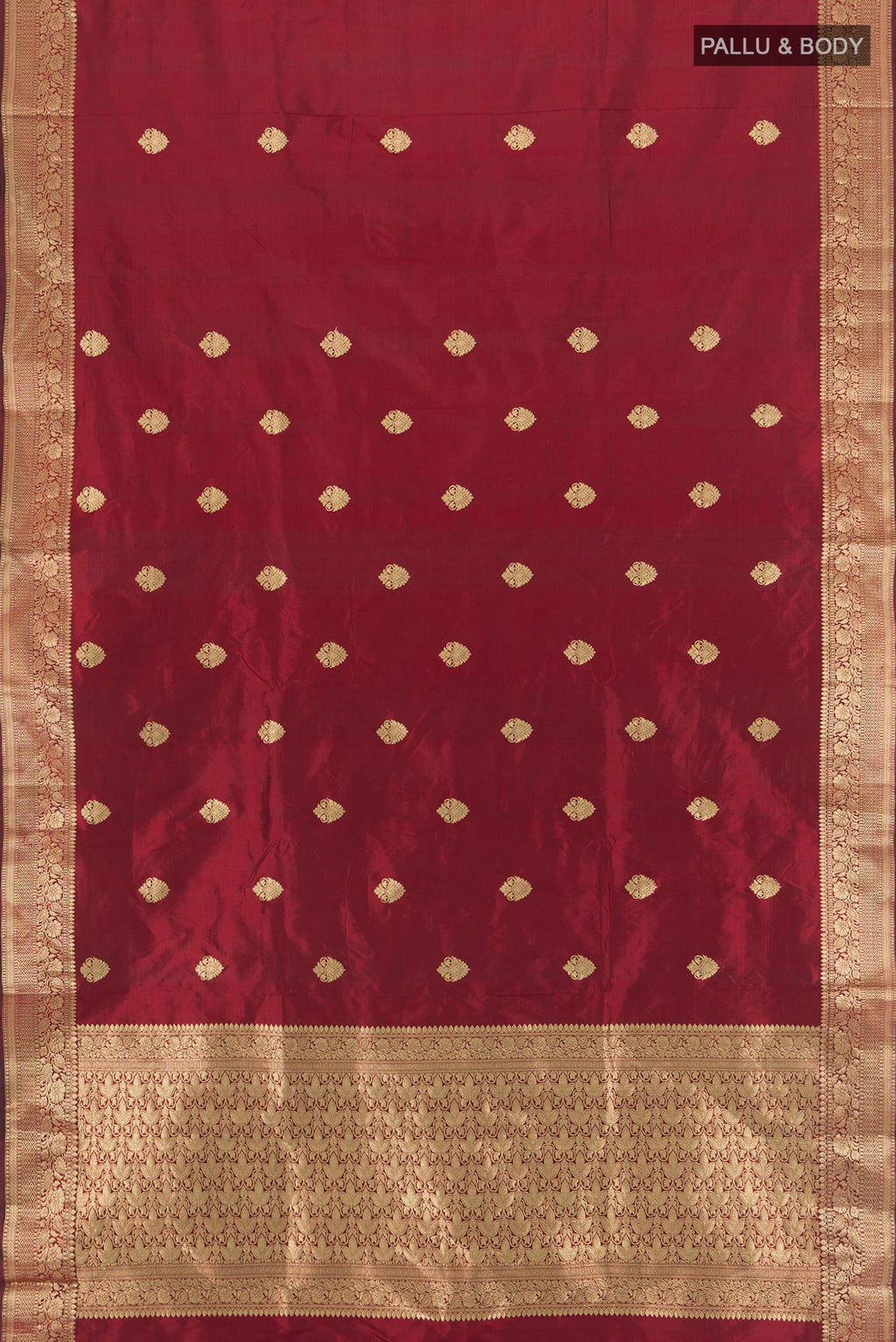 Flat view of Maroon Banarasi Katan Silk Saree with Zari Butta on the body and Zari Border. 