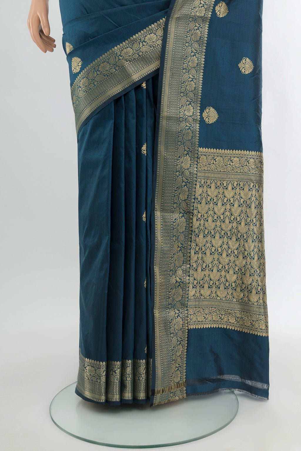 Pleats and pallu of Blue Banarasi Katan Silk Saree with Zari Butta on the body and Zari Border. 
