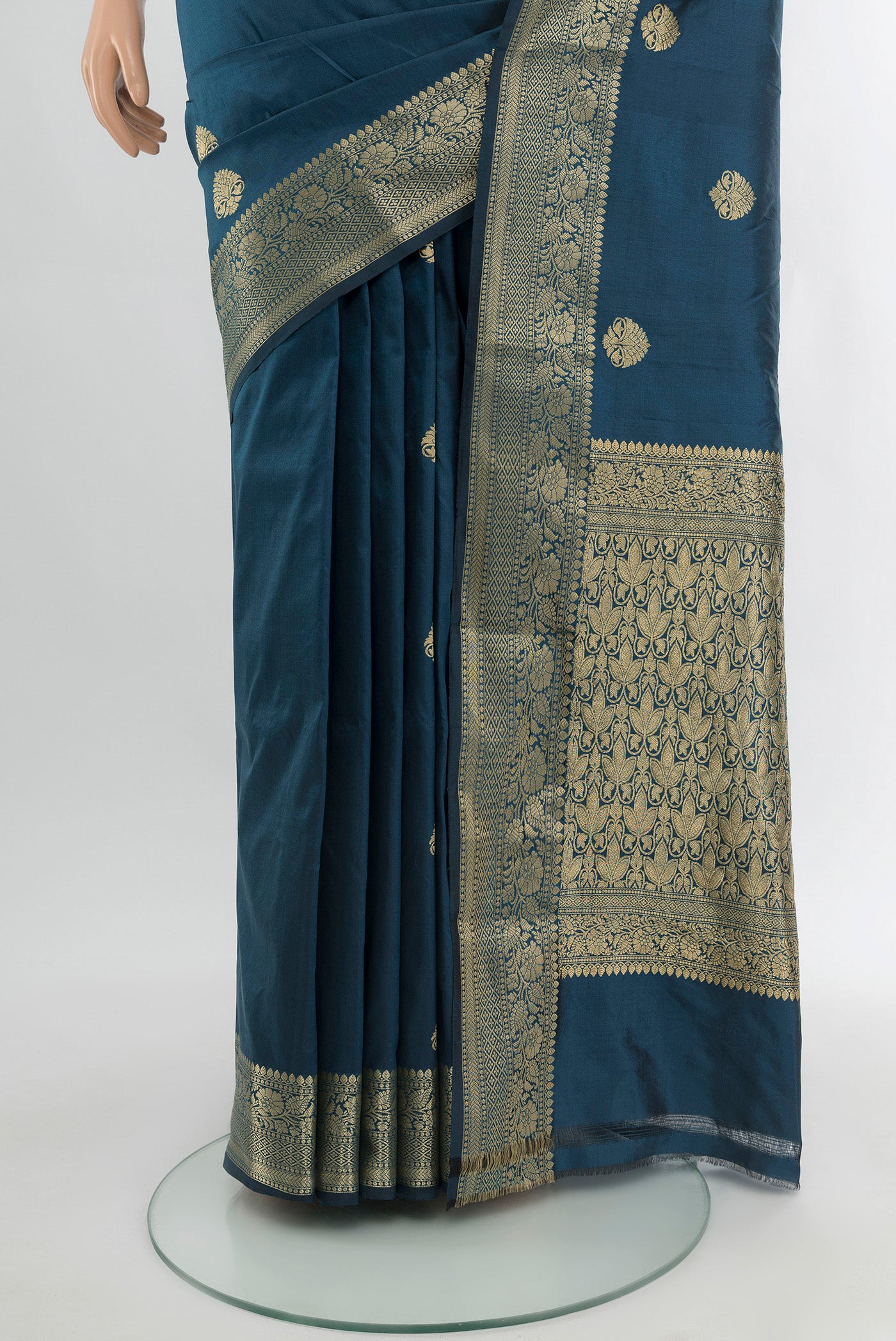 Pleats and pallu of Blue Banarasi Katan Silk Saree with Zari Butta on the body and Zari Border. 