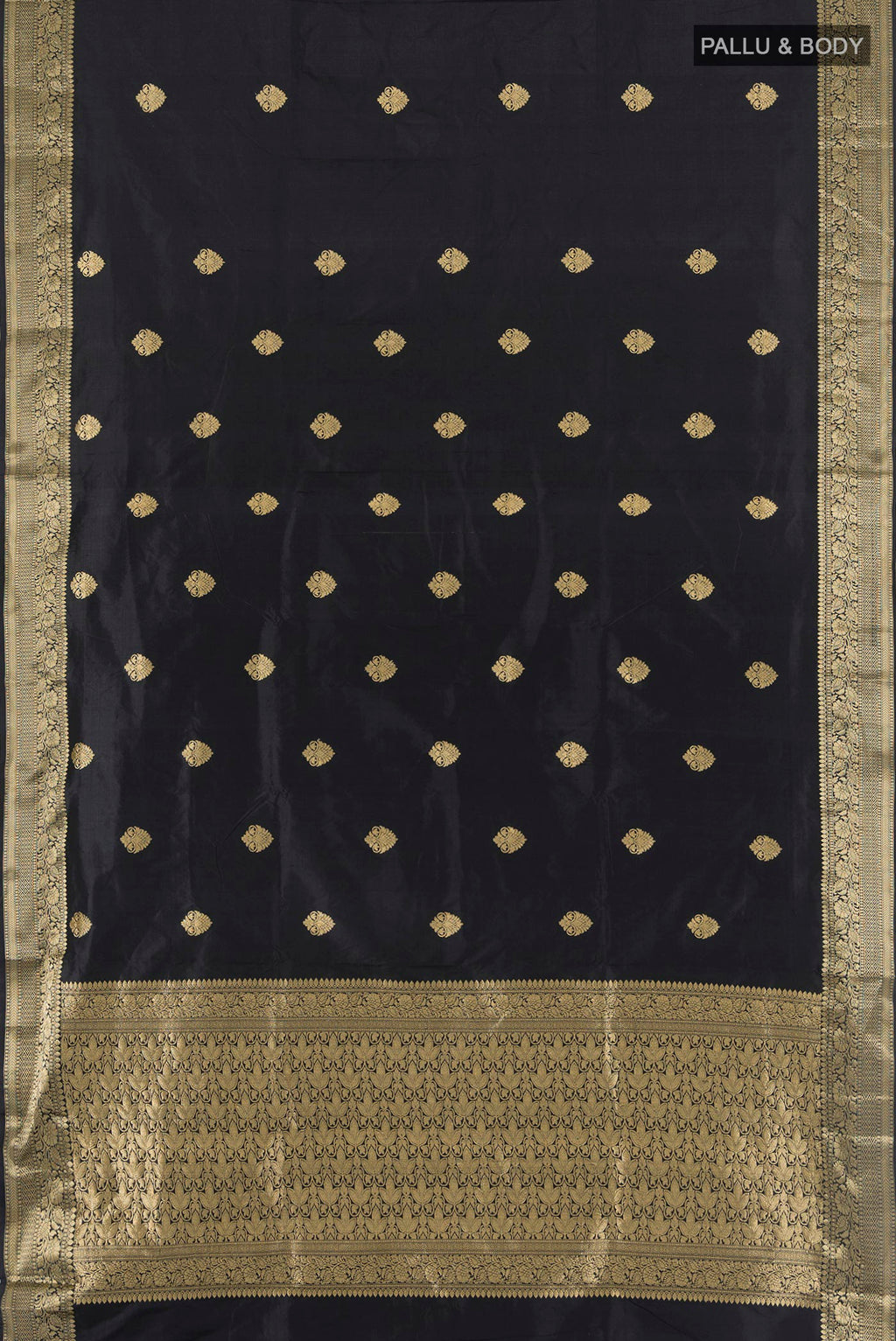 Flat view of Black Banarasi Katan Silk Saree with Zari Butta on the body and Zari Border. 