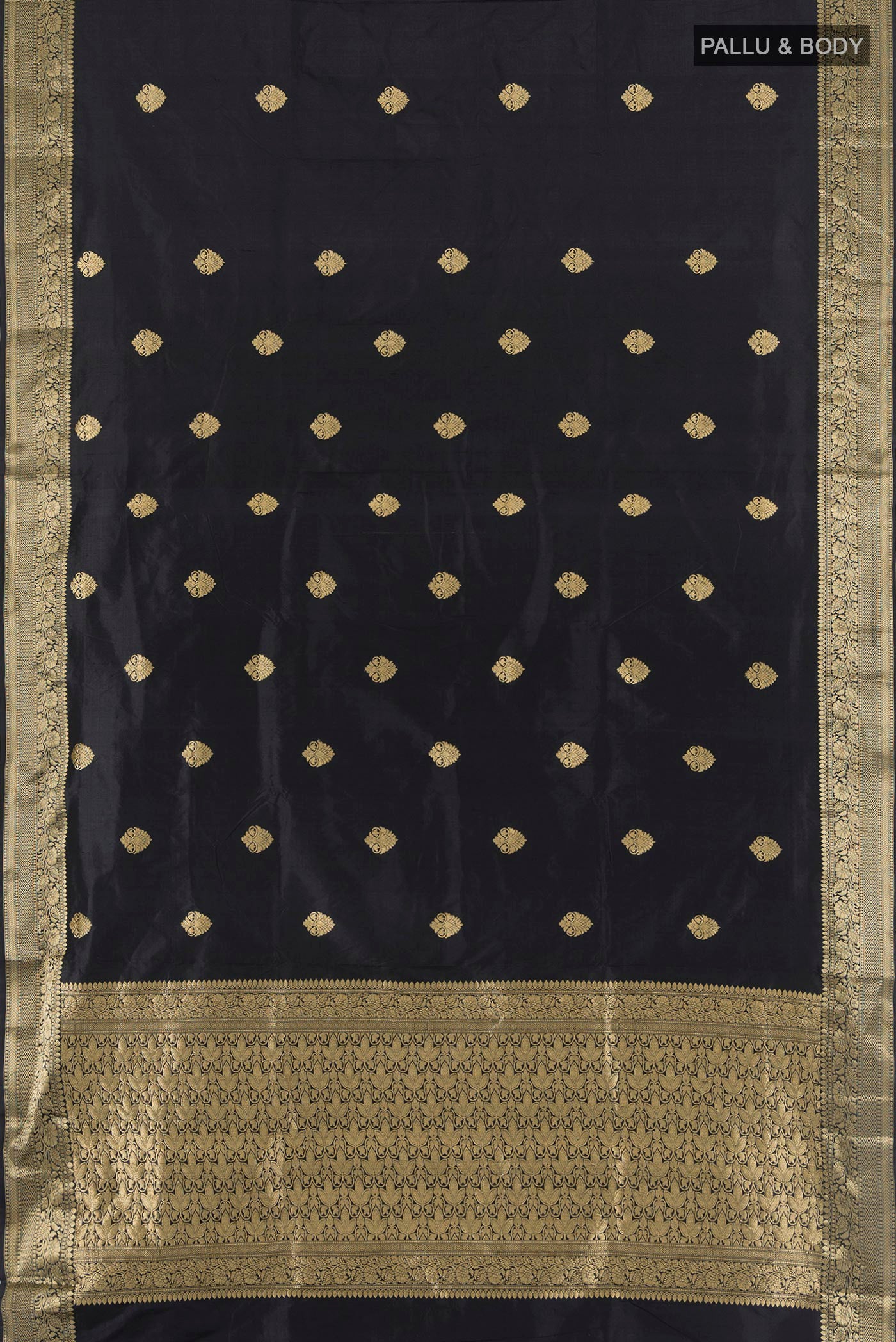 Flat view of Black Banarasi Katan Silk Saree with Zari Butta on the body and Zari Border. 