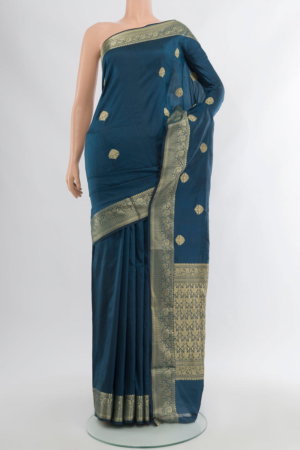Davys Grey Banarasi Katan Silk Saree with Zari Butta on the body and Silk Border.  displayed on a mannequin