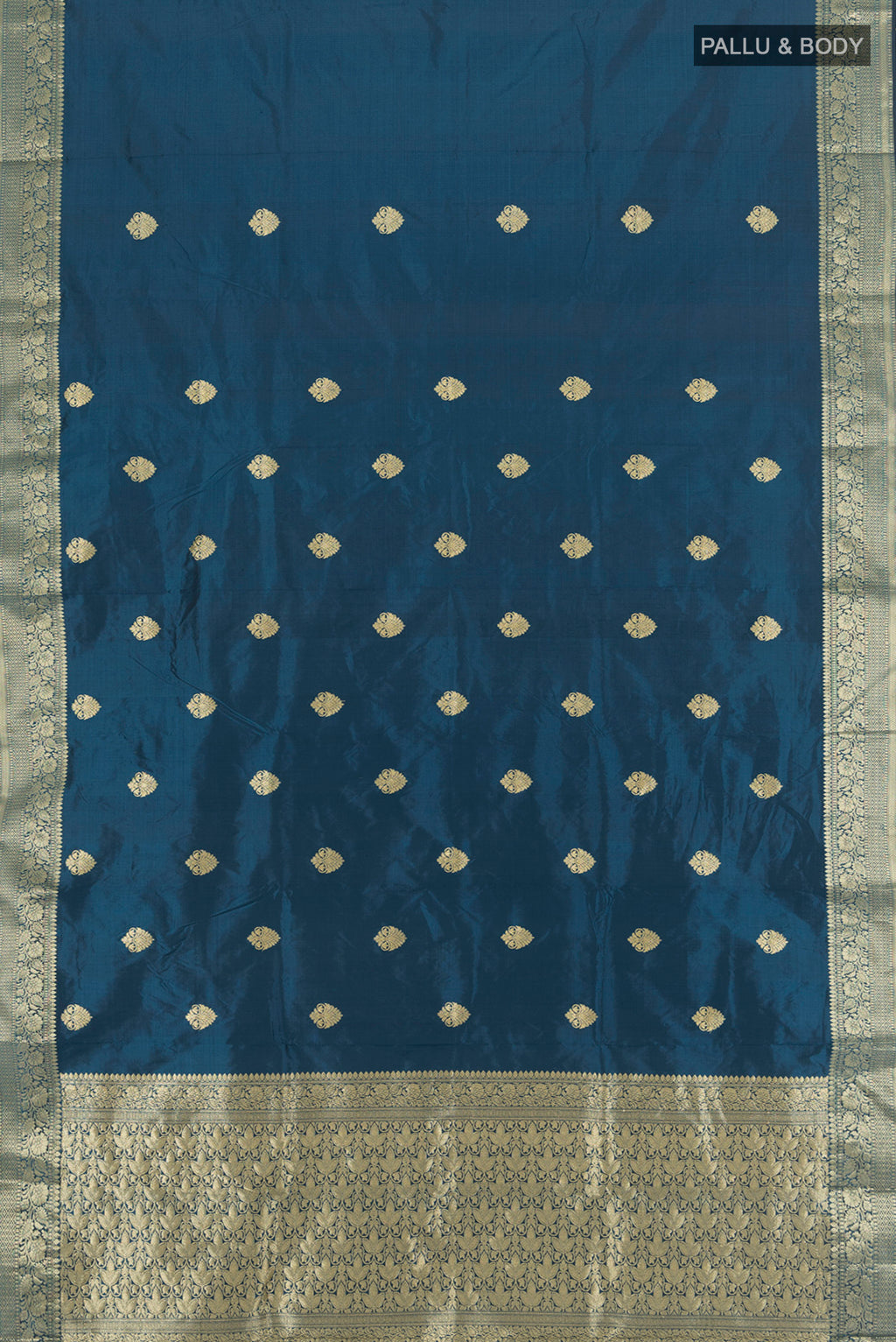 Flat view of Davys Grey Banarasi Katan Silk Saree with Zari Butta on the body and Silk Border. 
