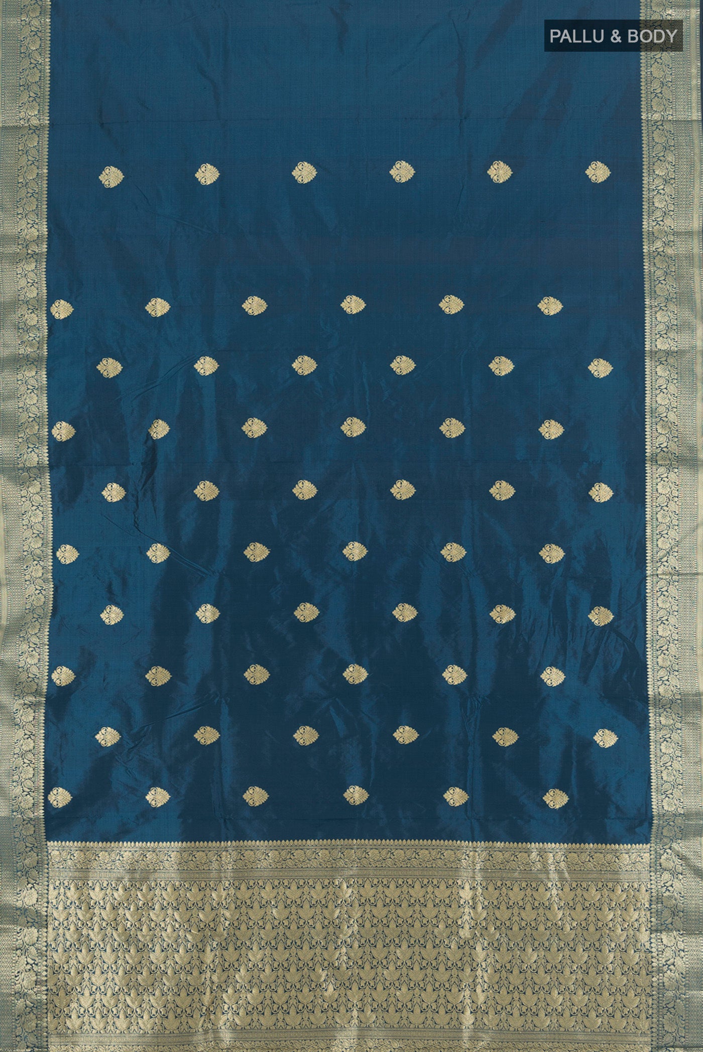 Flat view of Davys Grey Banarasi Katan Silk Saree with Zari Butta on the body and Silk Border. 