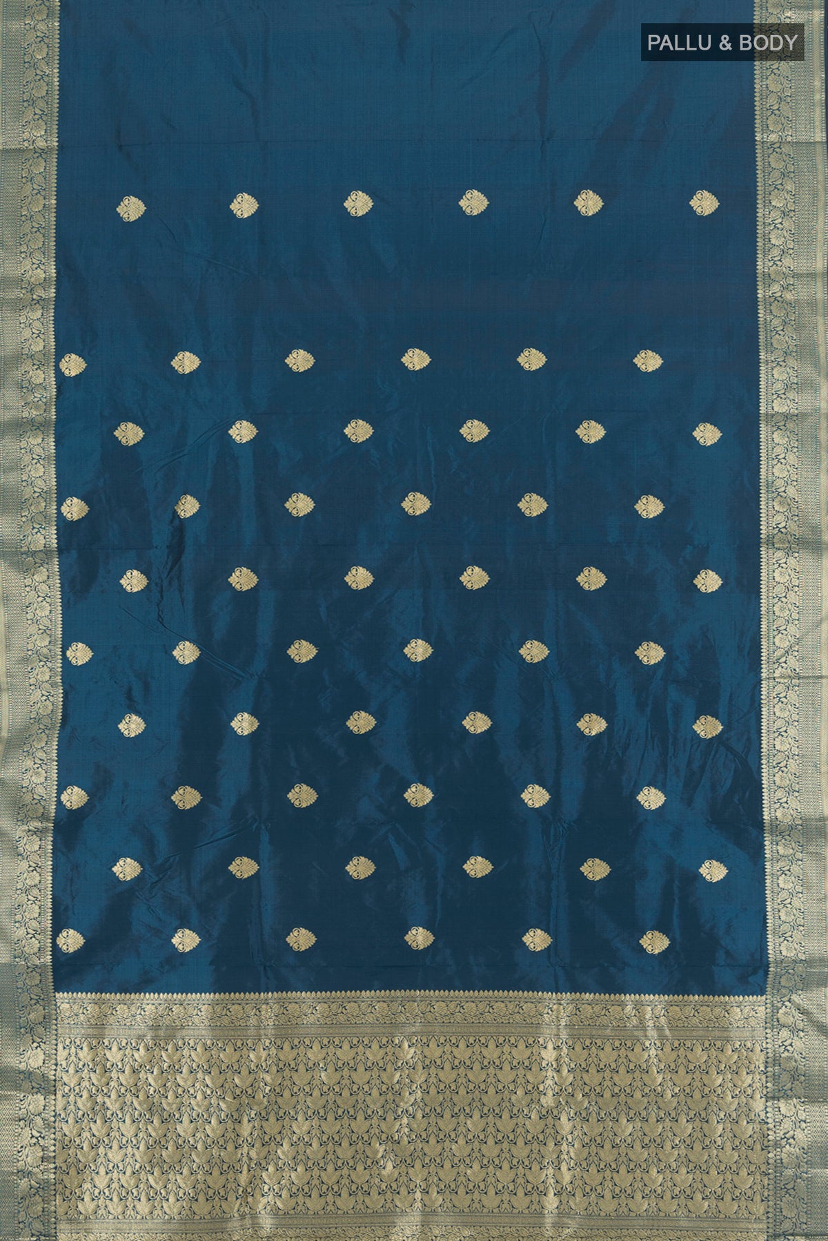 Flat view of Davys Grey Banarasi Katan Silk Saree with Zari Butta on the body and Silk Border. 