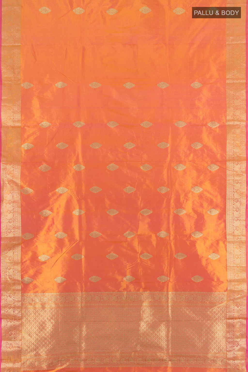 Flat view of Pure Silk Golden Peach Dual Tone Banarasi Katan Saree with Zari Butta on the body and Zari Border. 