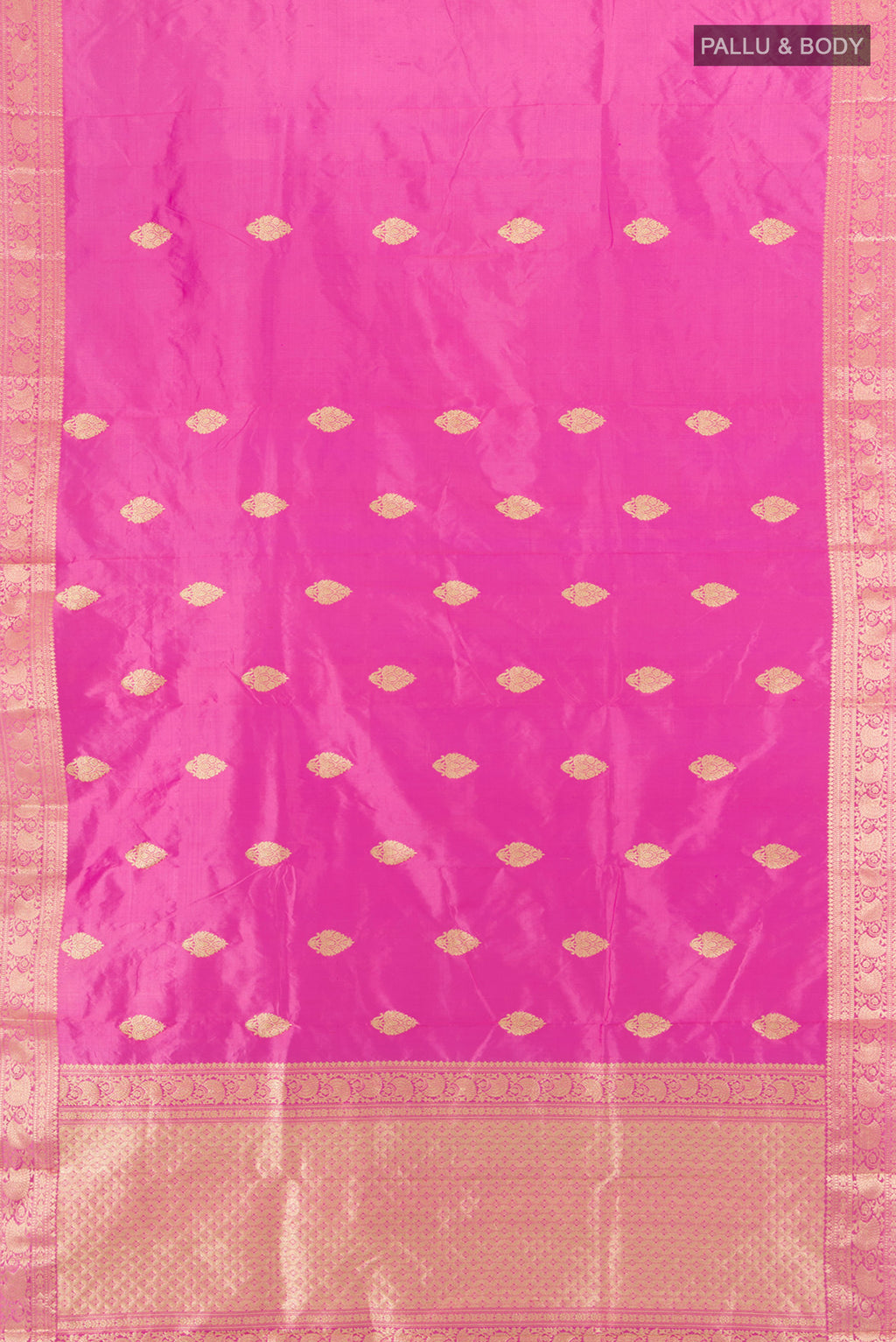 Flat view of Rose pink Banarasi Katan Silk Saree with Zari Butta on the body and Zari Border. 