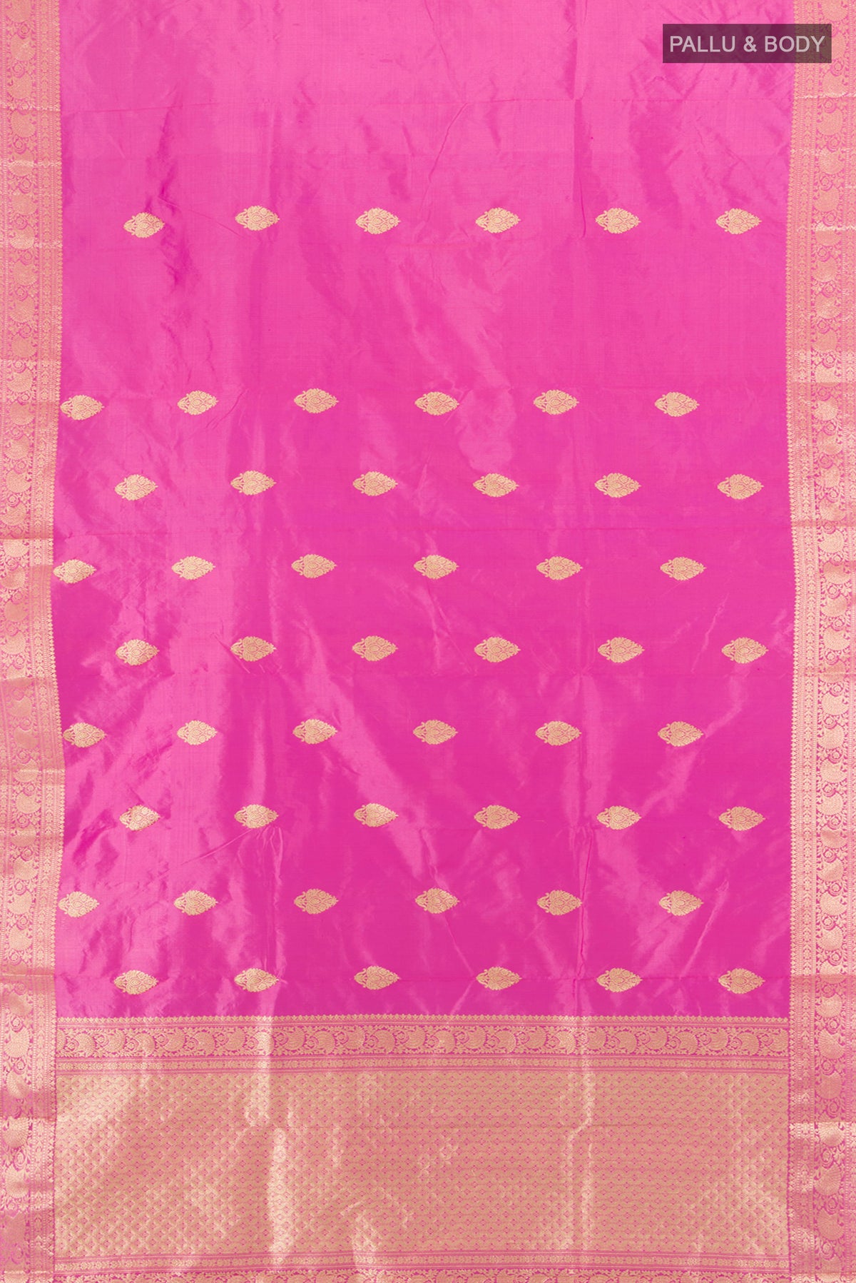 Flat view of Rose pink Banarasi Katan Silk Saree with Zari Butta on the body and Zari Border. 