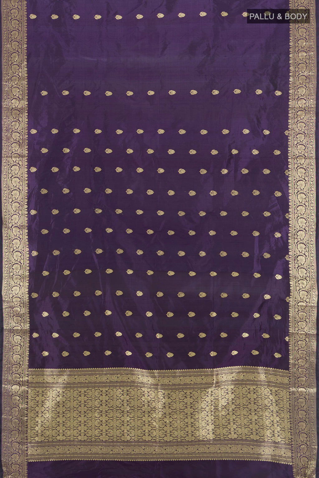 Flat view of Pure Silk Violet Banarasi Katan Saree with Zari Butta on the body and Zari Border. 