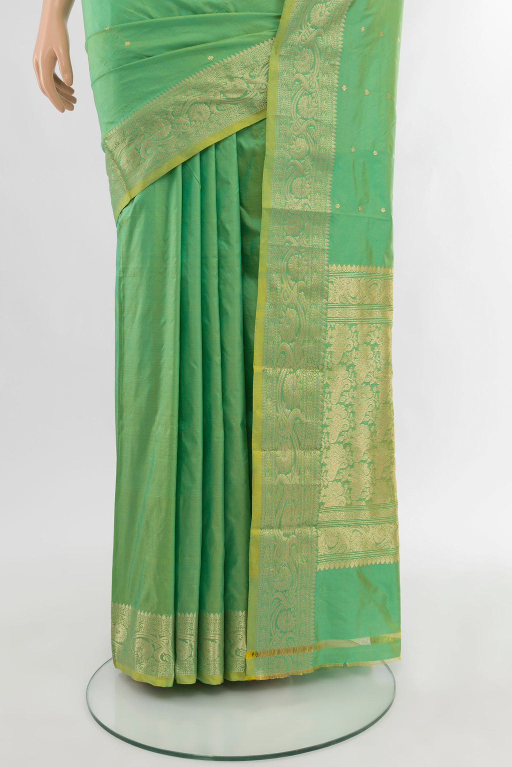 Pleats and pallu of Light Green Banarasi Katan Silk Saree with Zari Butta on the body and Zari Border. 
