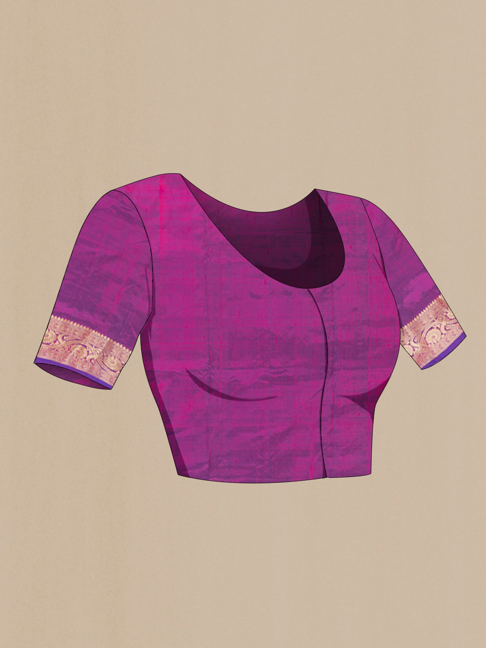 Close up image of the blouse of Purple Banarasi Katan Silk Saree with Zari Butta on the body and Zari Border. 