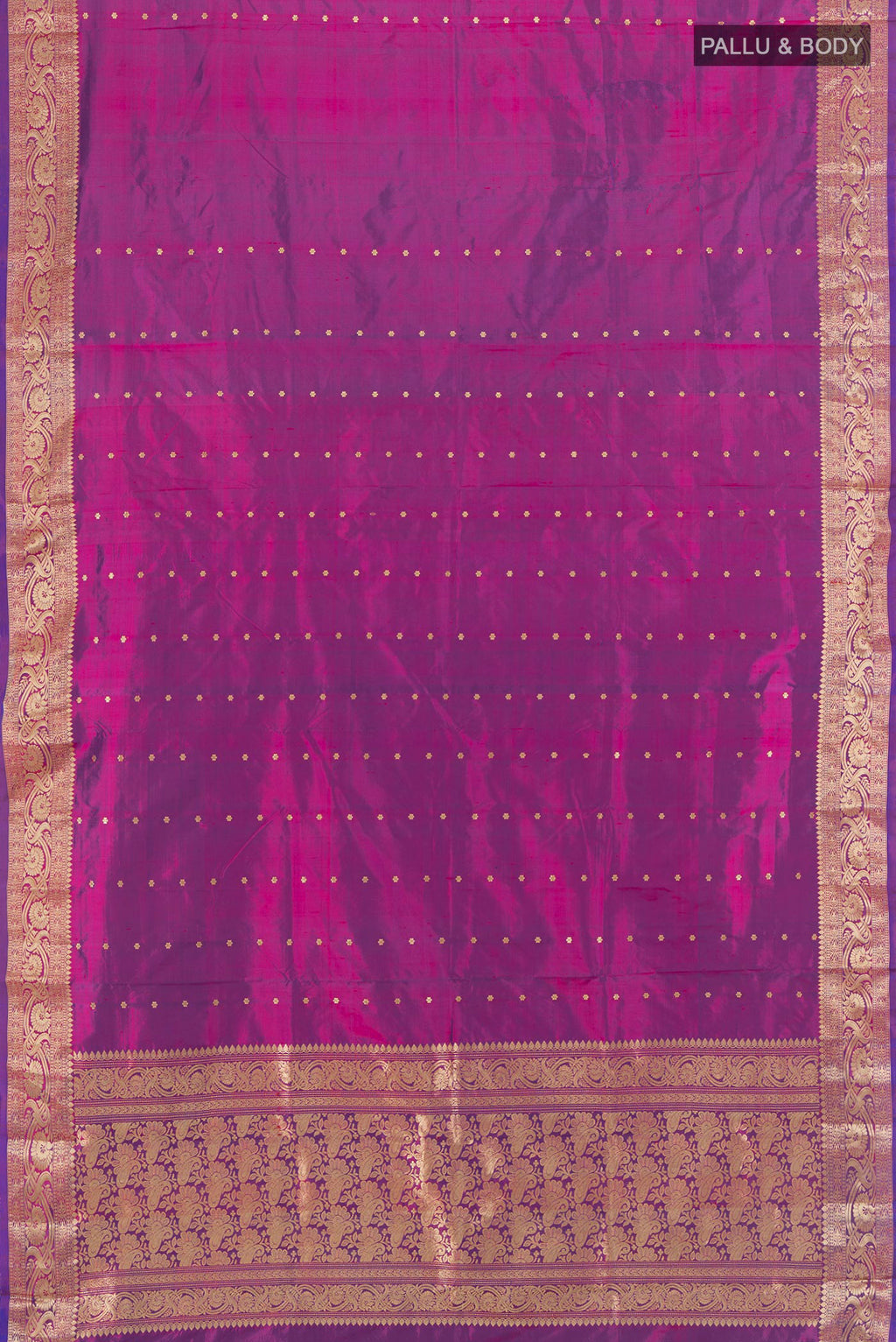 Flat view of Purple Banarasi Katan Silk Saree with Zari Butta on the body and Zari Border. 