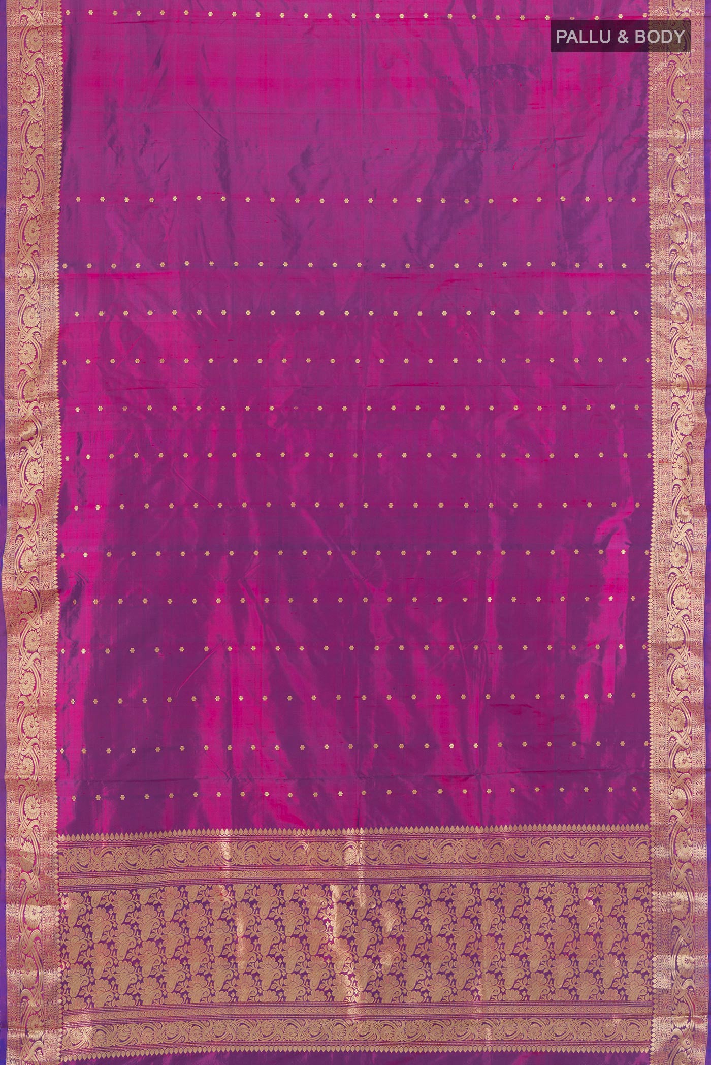 Flat view of Purple Banarasi Katan Silk Saree with Zari Butta on the body and Zari Border. 