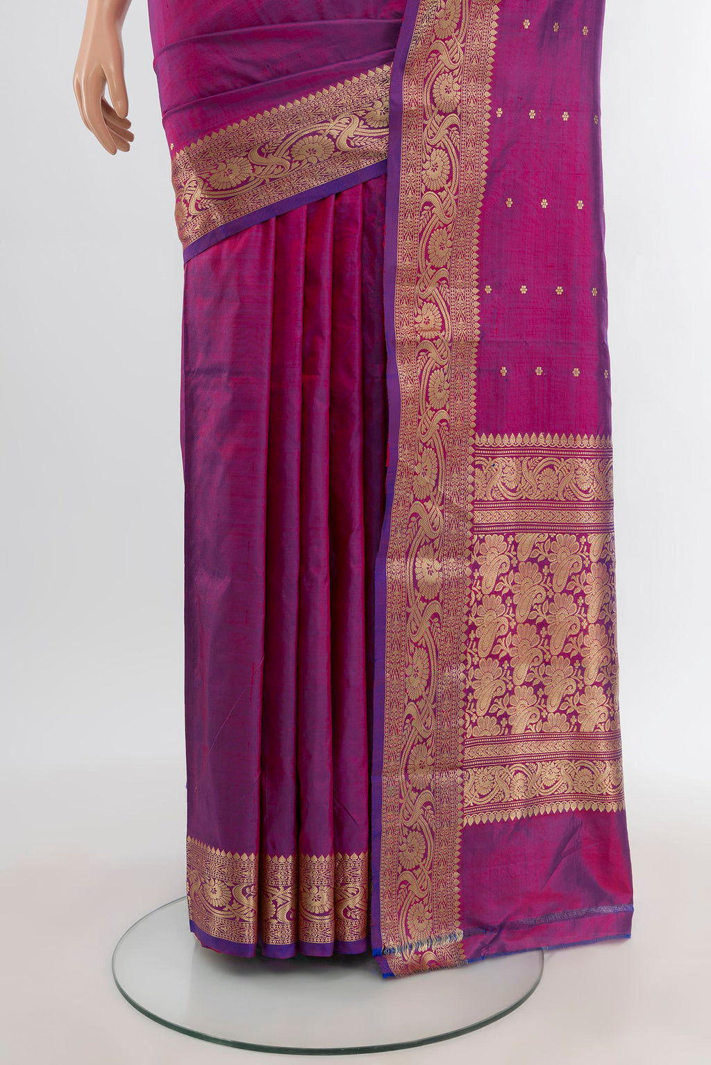 Pleats and pallu of Purple Banarasi Katan Silk Saree with Zari Butta on the body and Zari Border. 
