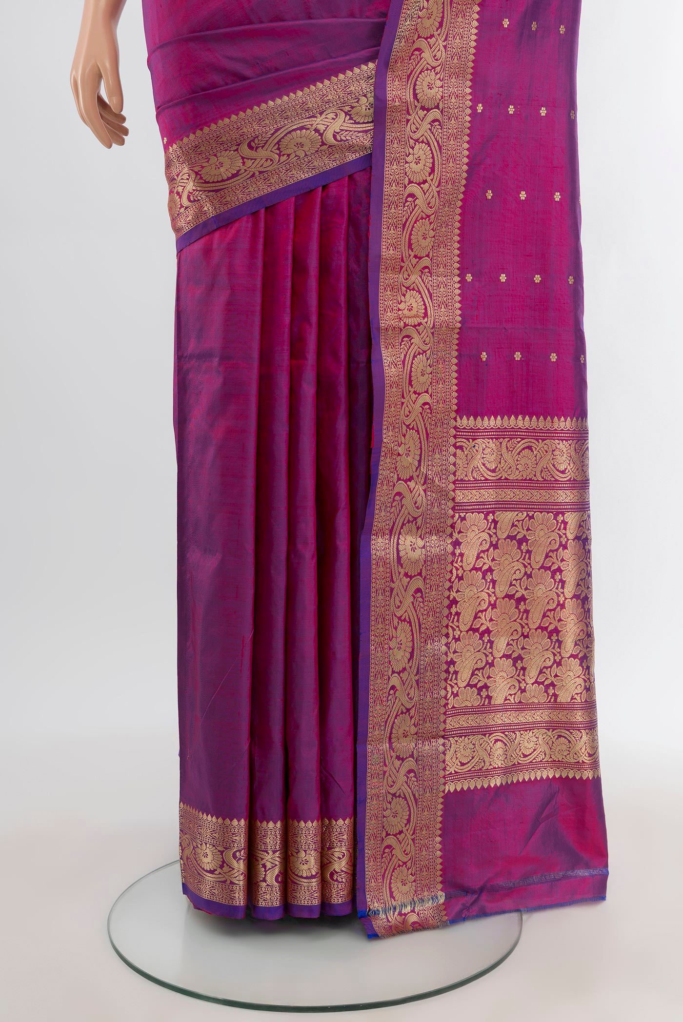 Pleats and pallu of Purple Banarasi Katan Silk Saree with Zari Butta on the body and Zari Border. 