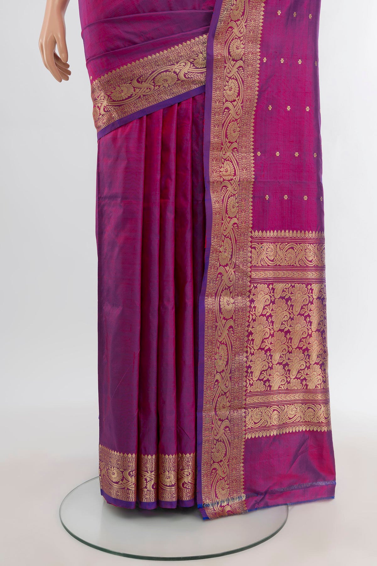 Pleats and pallu of Purple Banarasi Katan Silk Saree with Zari Butta on the body and Zari Border. 