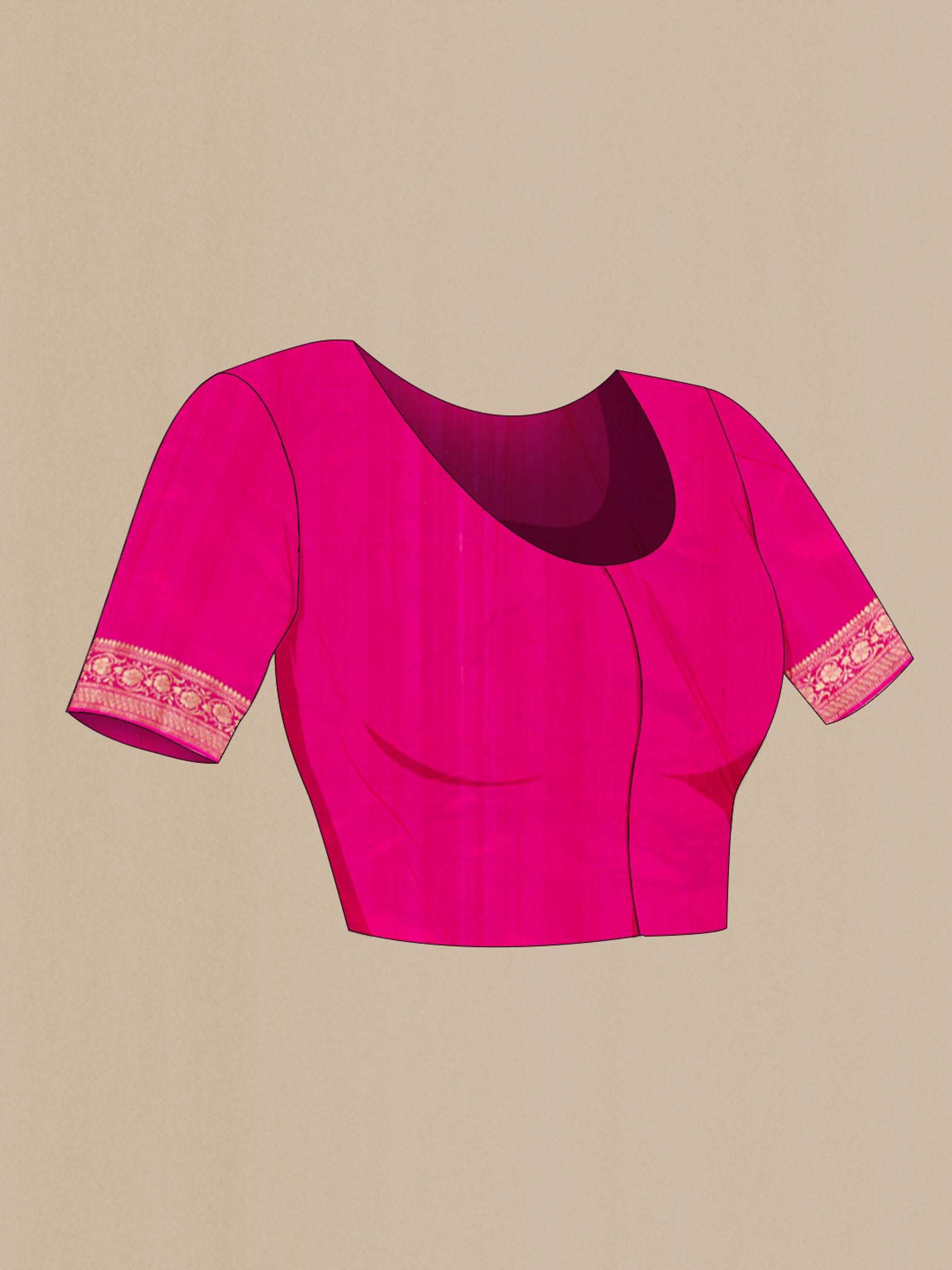 Close up image of the blouse of Dark Pink Banarasi Katan Silk Saree with Thread Butta on the body and Zari Border. 