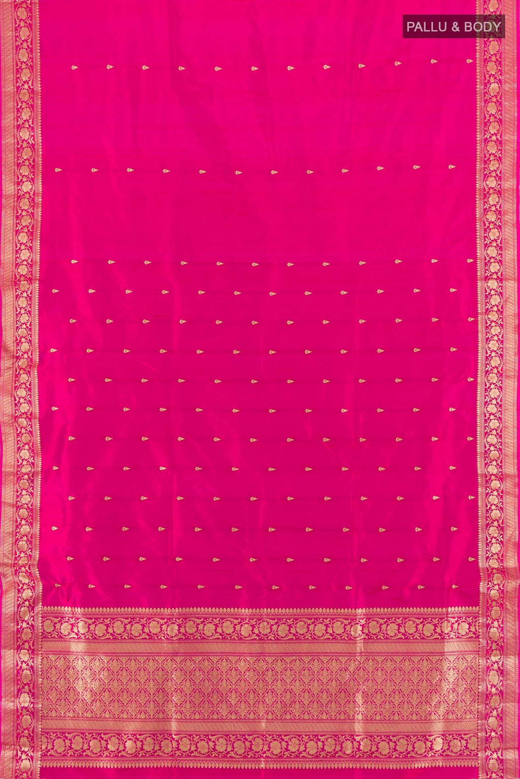 Flat view of Dark Pink Banarasi Katan Silk Saree with Thread Butta on the body and Zari Border. 