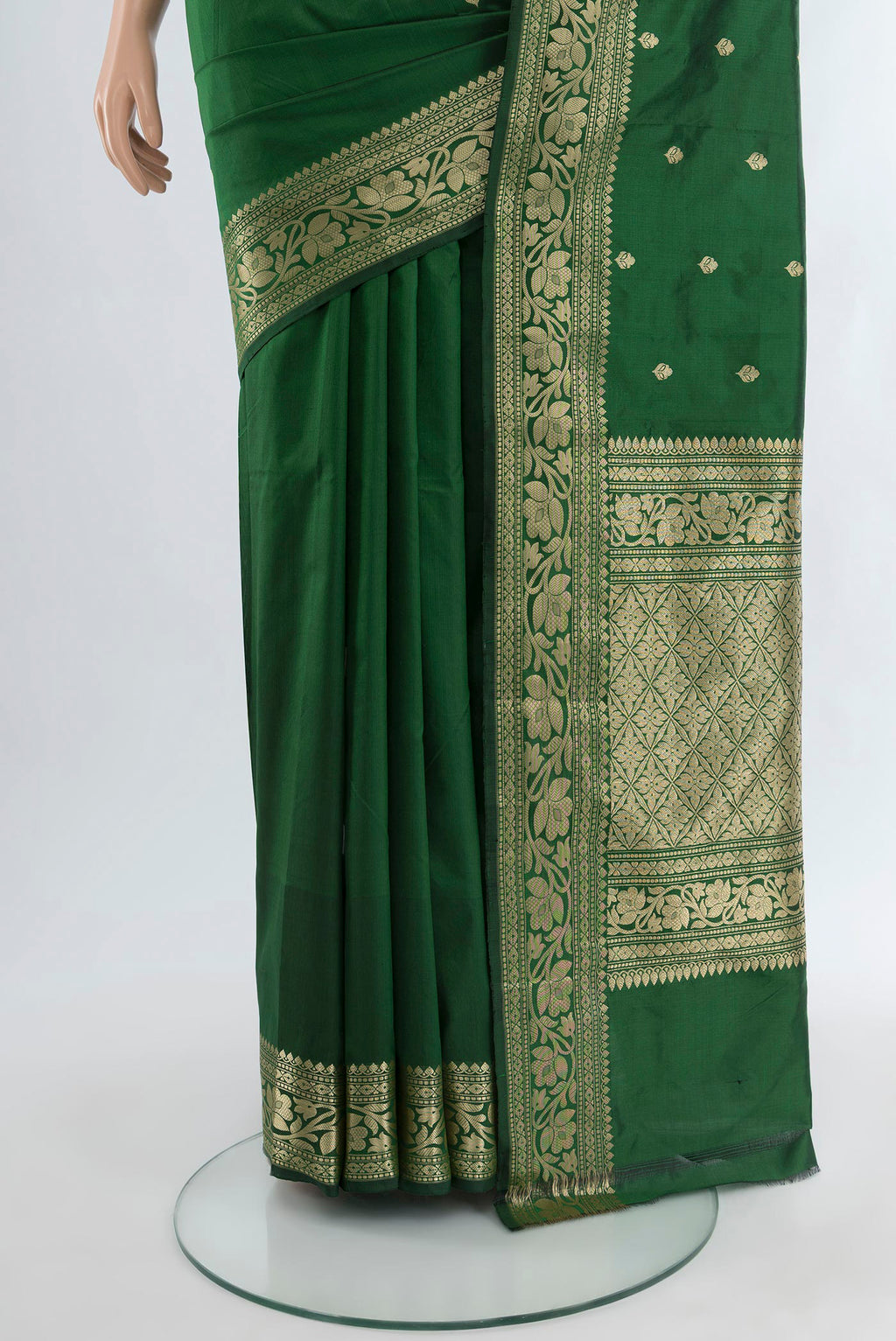 Pleats and pallu of Bottle Green Banarasi Katan Silk Saree with Zari Butta on the body and Zari Border. 