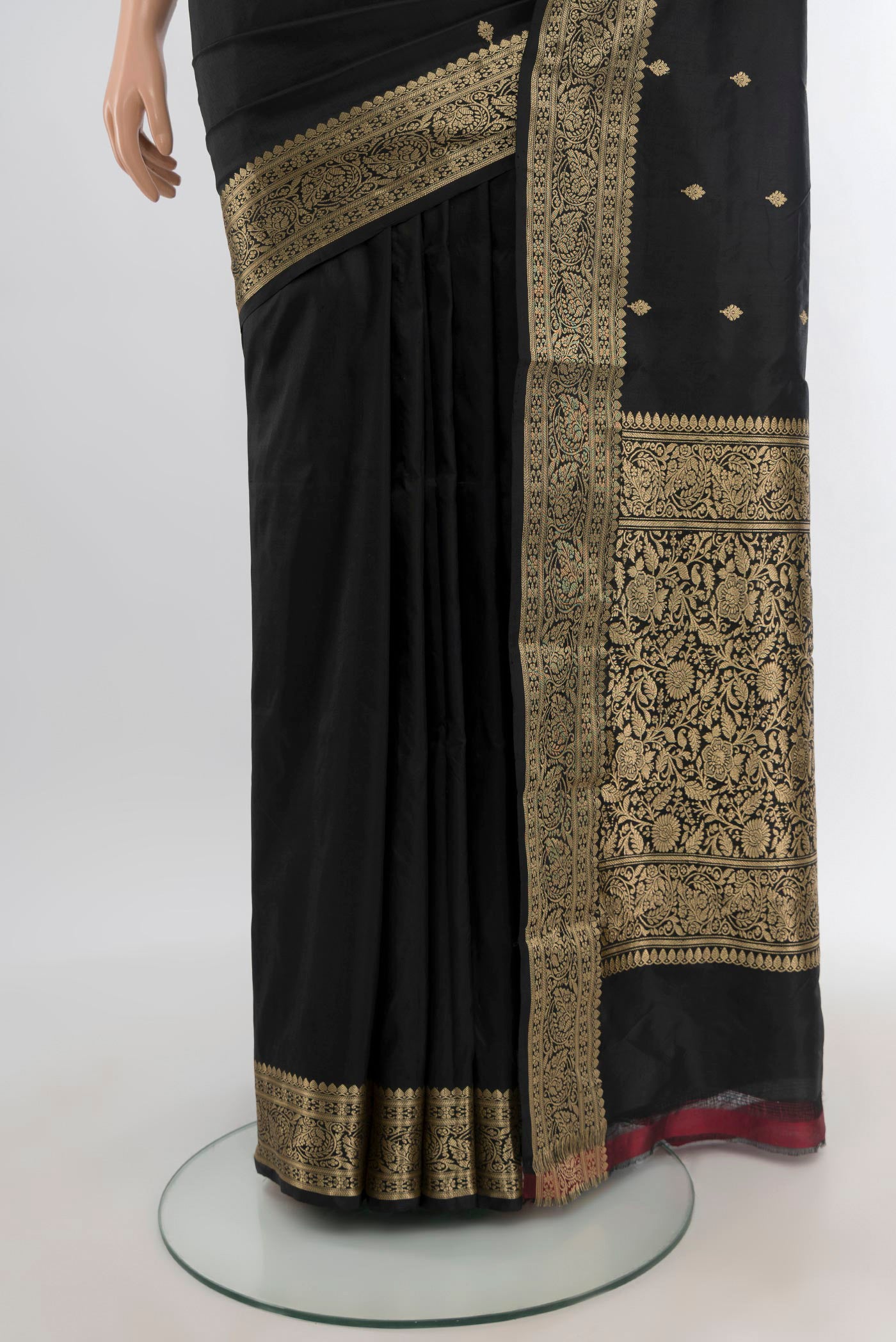 Pleats and pallu of Black Banarasi Katan Silk Saree with Zari Butta on the body and Zari Border. 