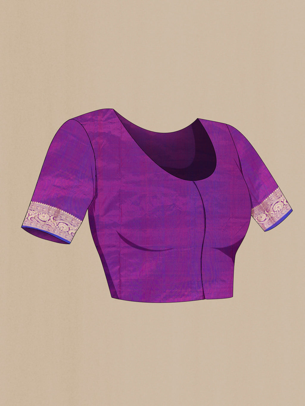 Close up image of the blouse of Purple Banarasi Katan Silk Saree with Zari Butta on the body and Silk Border. 