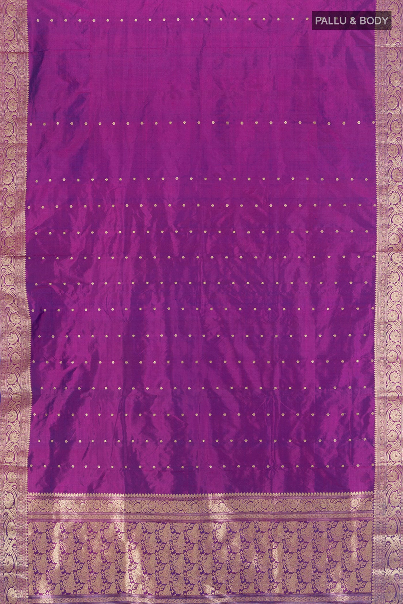 Flat view of Purple Banarasi Katan Silk Saree with Zari Butta on the body and Silk Border. 