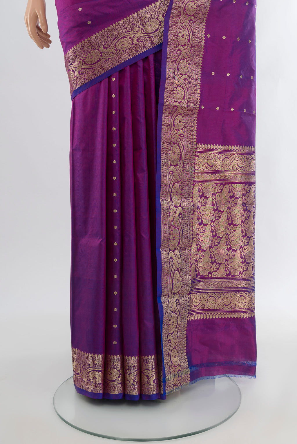 Pleats and pallu of Purple Banarasi Katan Silk Saree with Zari Butta on the body and Silk Border. 