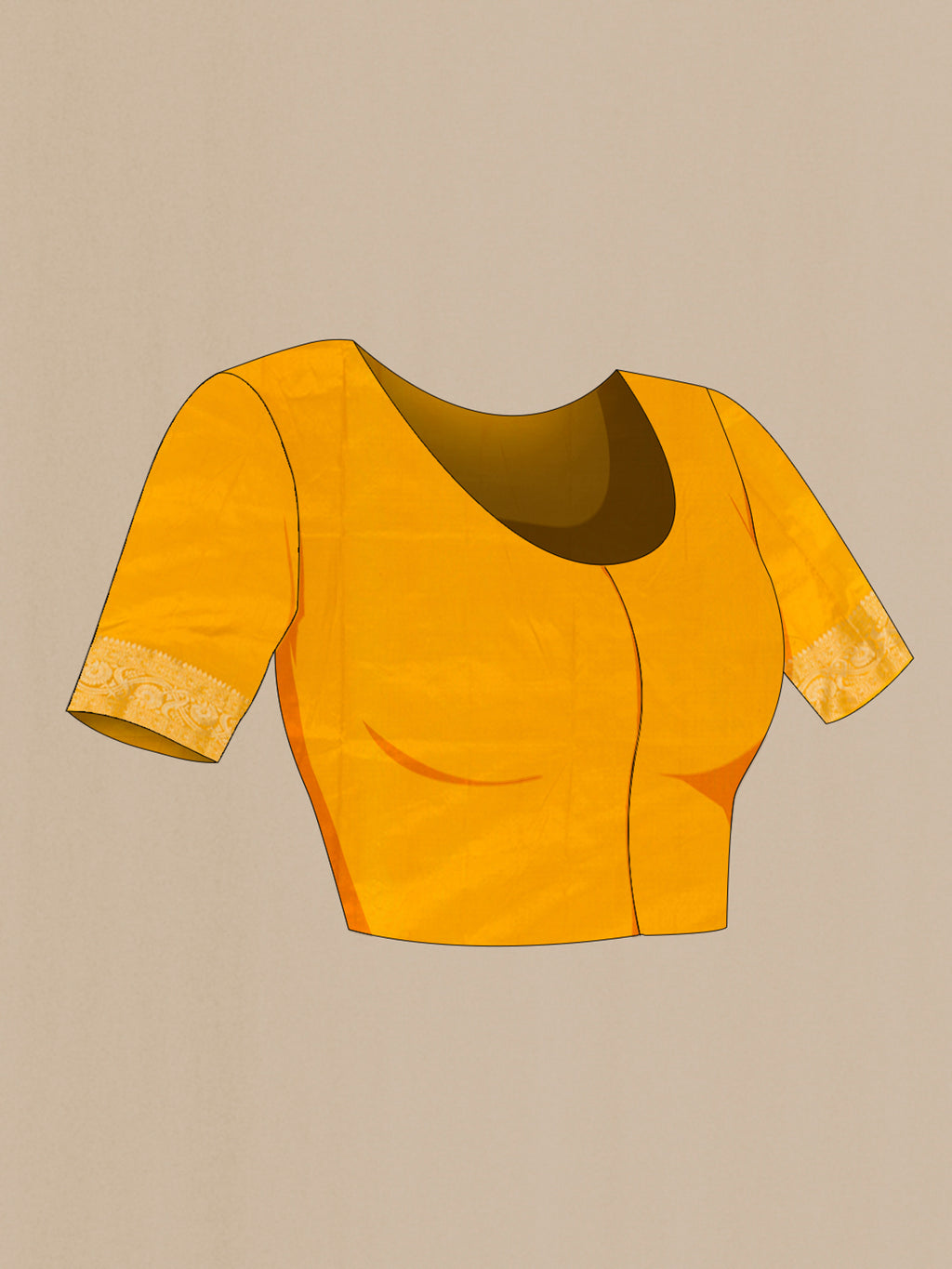 Close up image of the blouse of Yellow Banarasi Katan Silk Saree with Zari Butta on the body and Zari Border. 