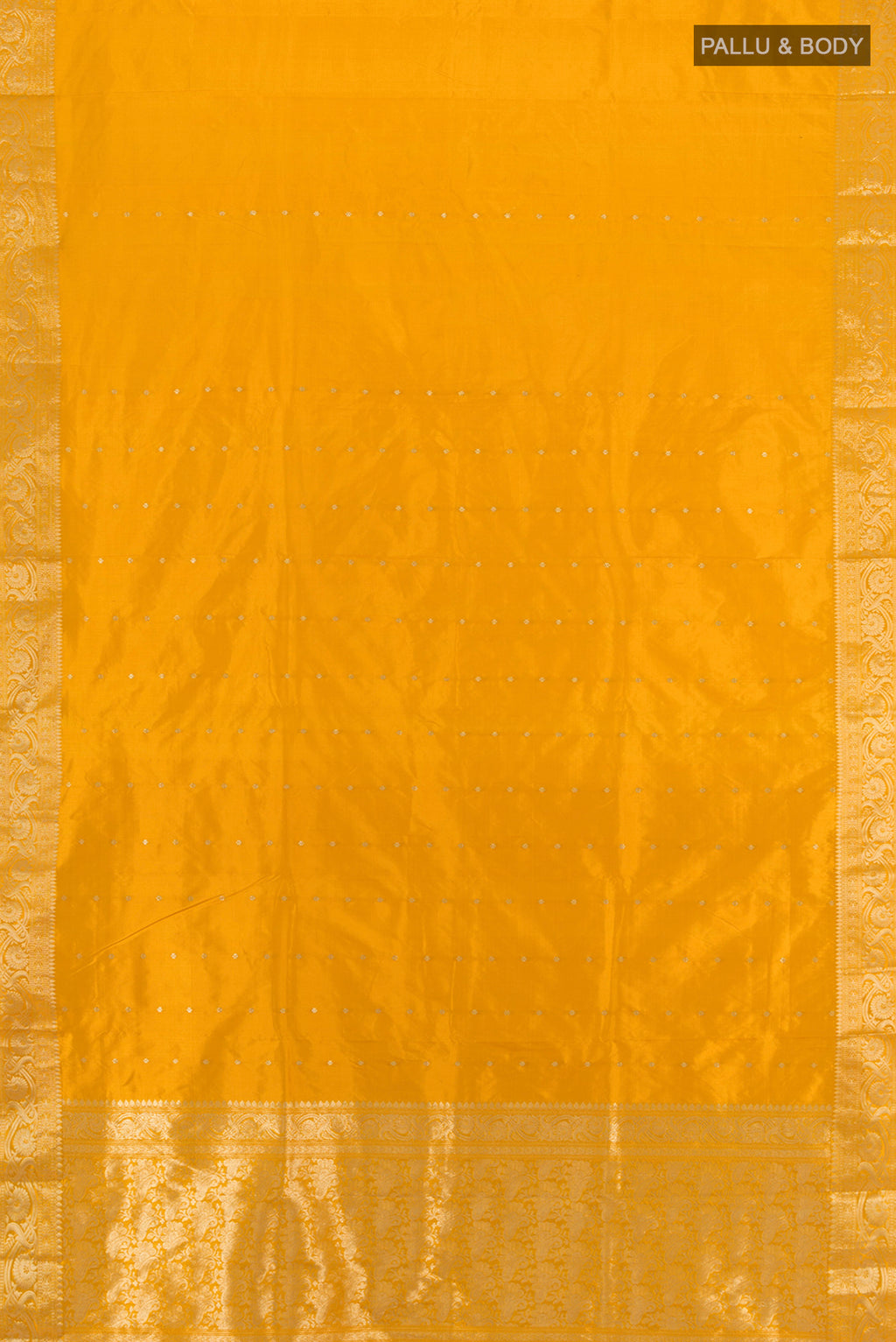 Flat view of Yellow Banarasi Katan Silk Saree with Zari Butta on the body and Zari Border. 