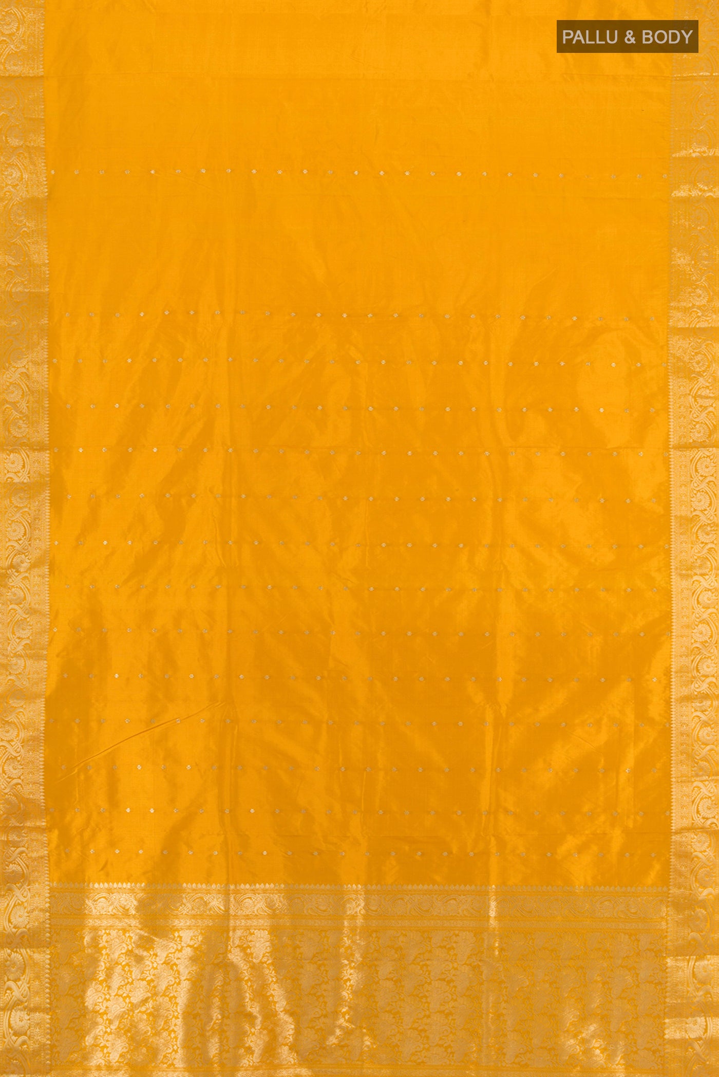 Flat view of Yellow Banarasi Katan Silk Saree with Zari Butta on the body and Zari Border. 