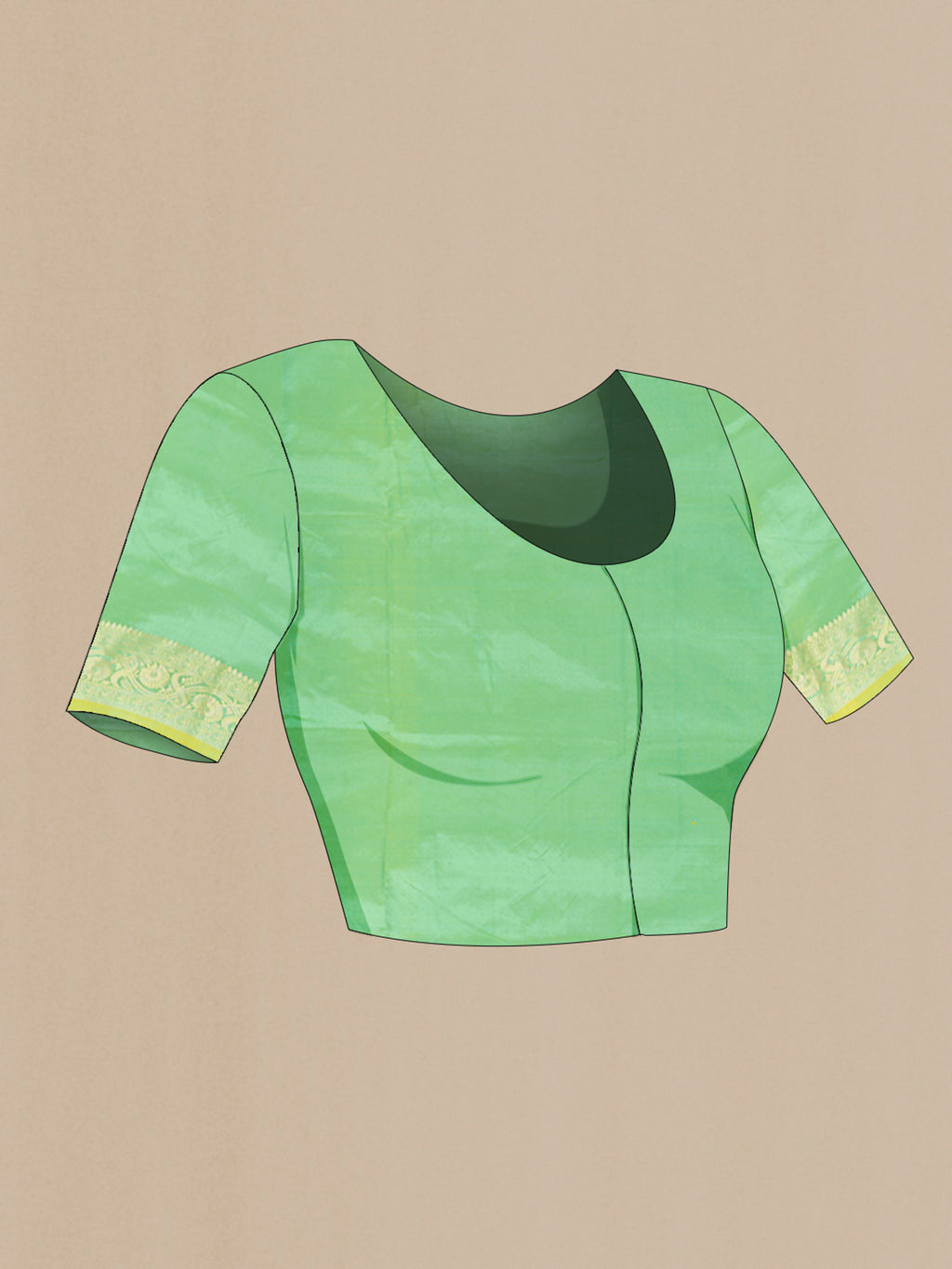 Close up image of the blouse of Light Green Banarasi Katan Silk Saree with Zari Butta on the body and Zari Border. 