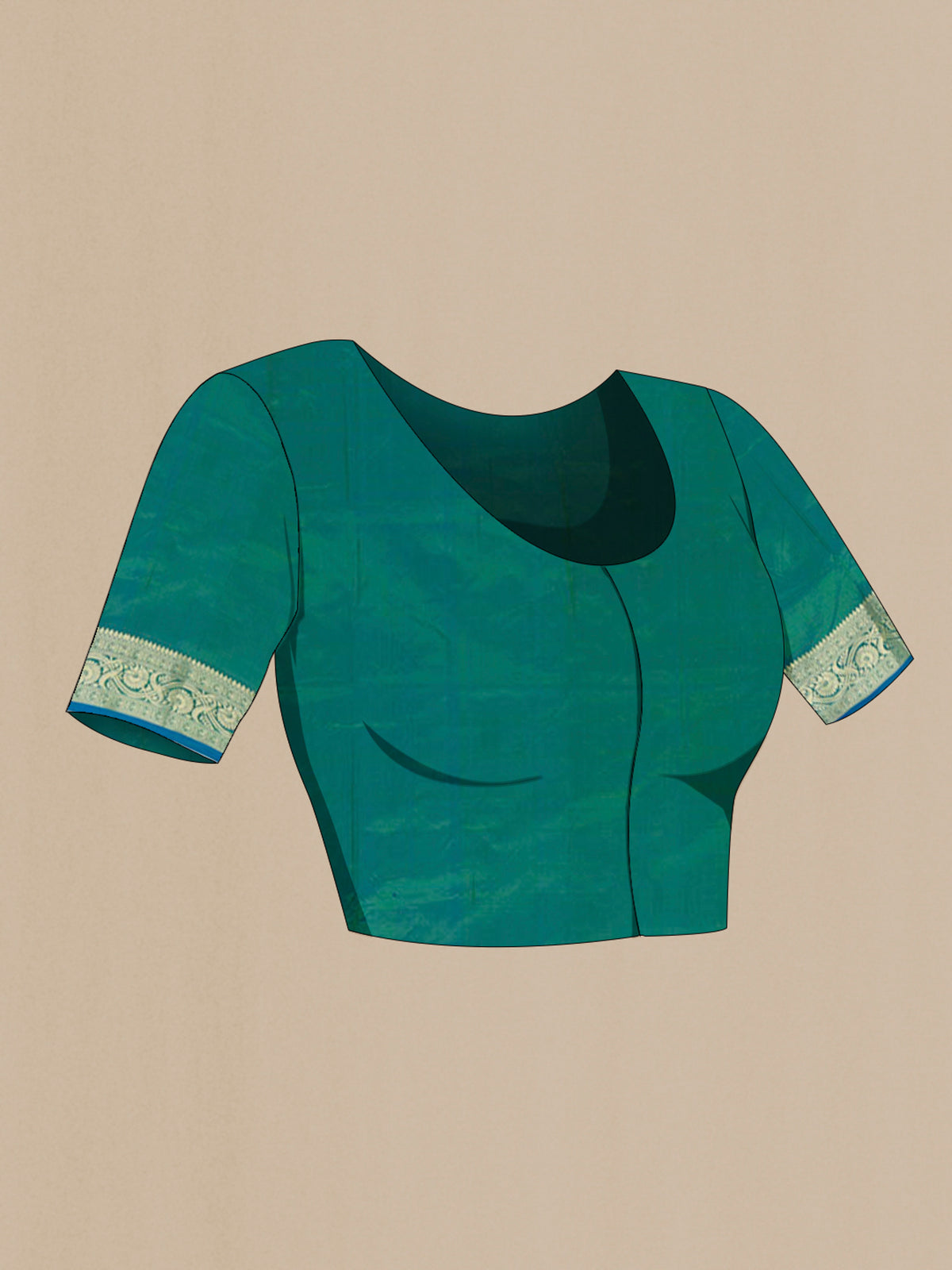 Close up image of the blouse of Pure Silk Peacock Blue Dual Tone Banarasi Katan Saree with Zari Butta on the body and Zari Border. 