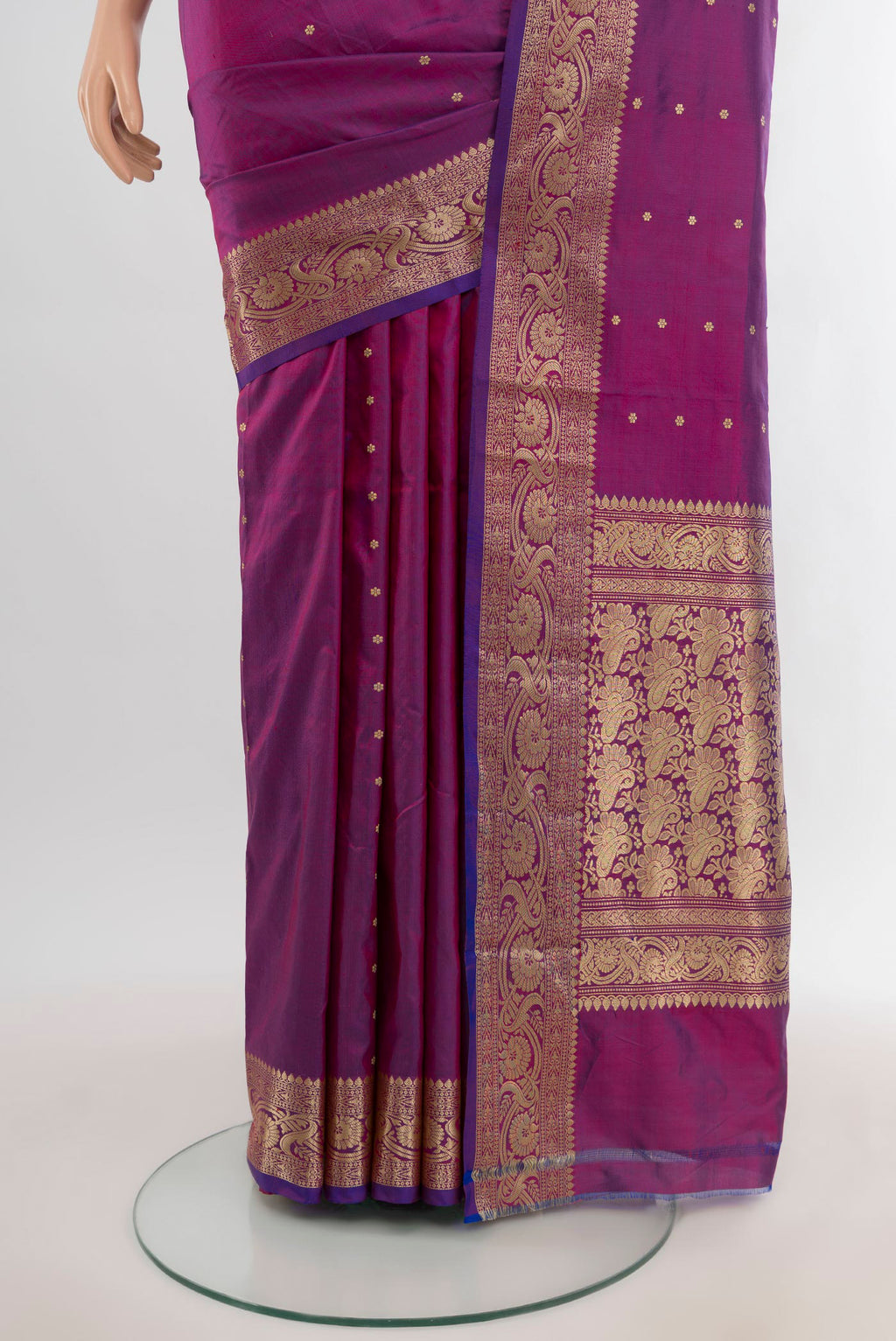 Pleats and pallu of Purple Banarasi Katan Silk Saree with Zari Butta on the body and Zari Border. 