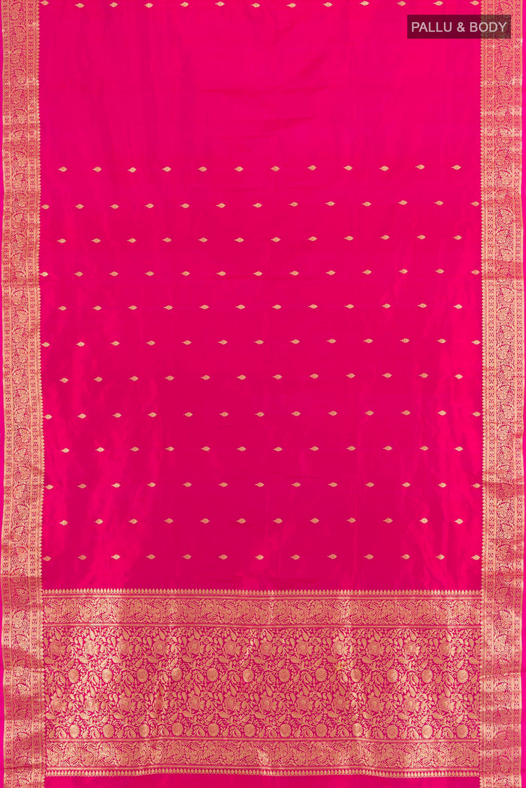 Flat view of Dark Pink Banarasi Katan Silk Saree with Zari Butta on the body and Zari Border. 