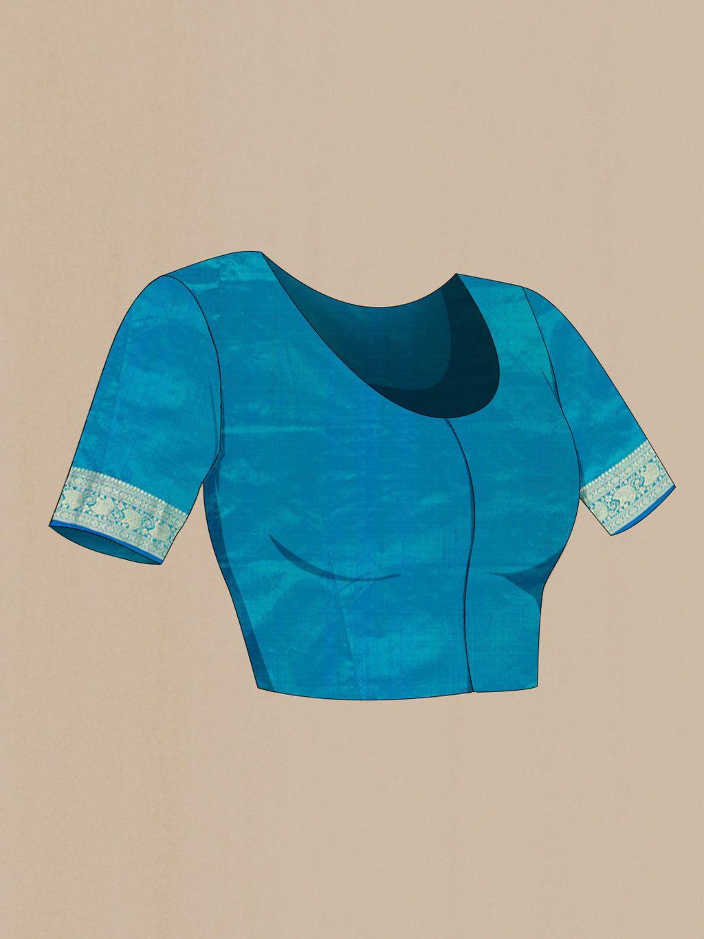 Close up image of the blouse of Blue Banarasi Katan Silk Saree with Zari Butta on the body and Zari Border. 