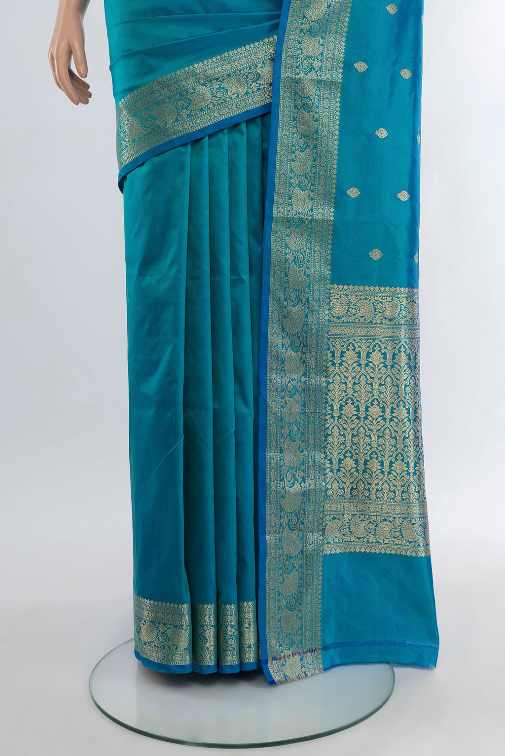 Pleats and pallu of Blue Banarasi Katan Silk Saree with Zari Butta on the body and Zari Border. 