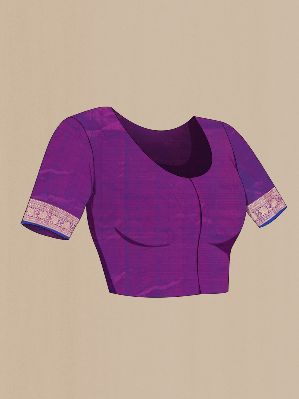 Close up image of the blouse of Purple Banarasi Katan Silk Saree with Zari Butta on the body and Zari Border. 