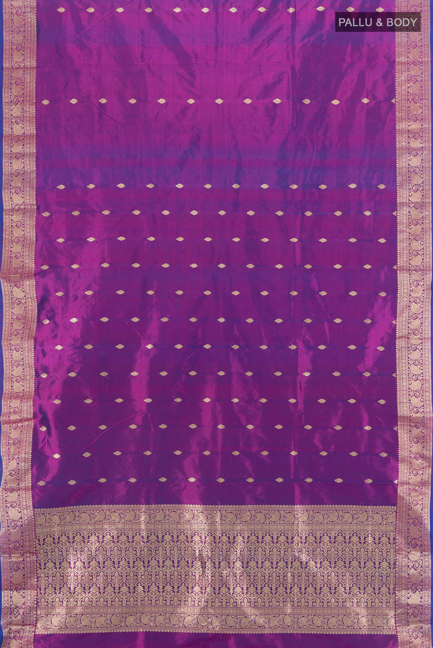 Flat view of Purple Banarasi Katan Silk Saree with Zari Butta on the body and Zari Border. 