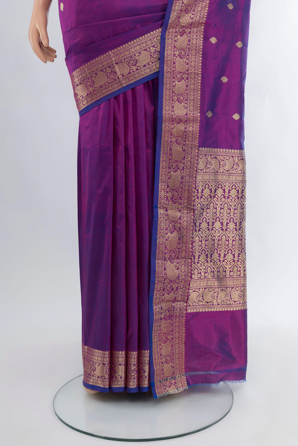 Pleats and pallu of Purple Banarasi Katan Silk Saree with Zari Butta on the body and Zari Border. 