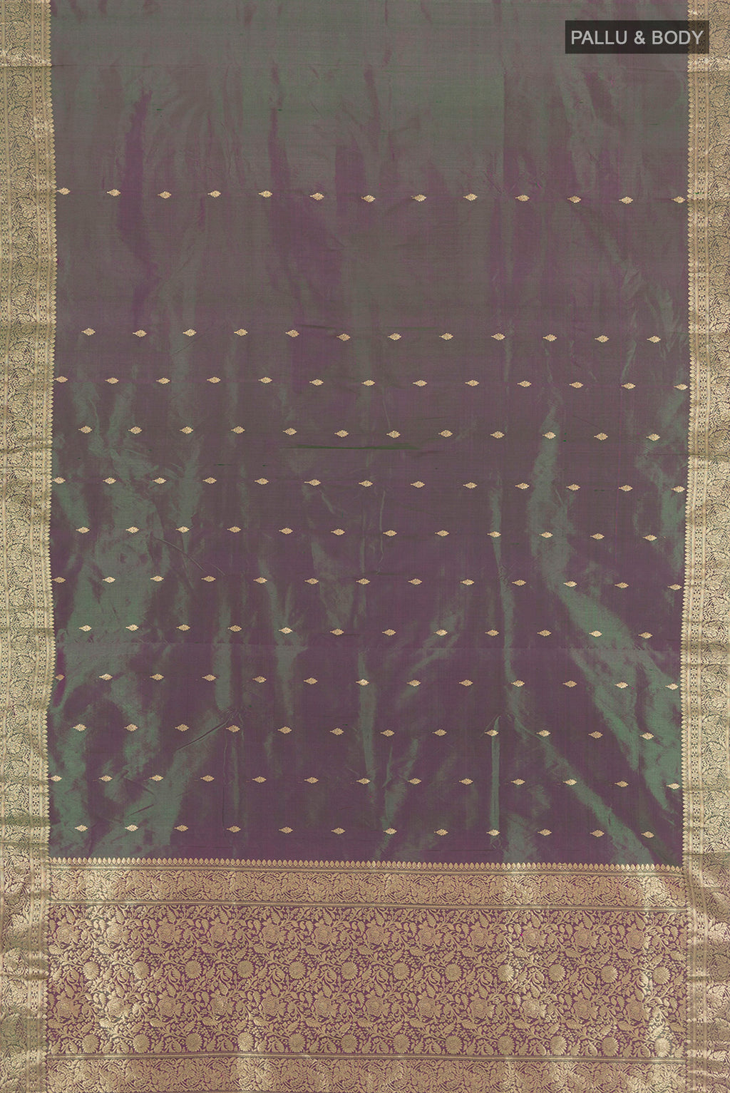 Flat view of Multi Color Banarasi Katan Silk Saree with Zari Butta on the body and Zari Border. 