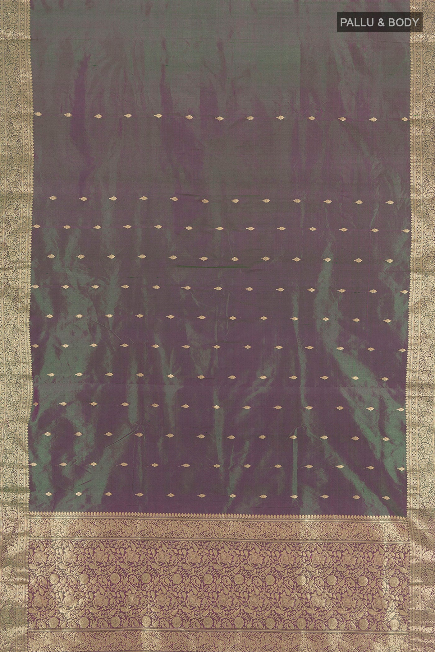 Flat view of Multi Color Banarasi Katan Silk Saree with Zari Butta on the body and Zari Border. 
