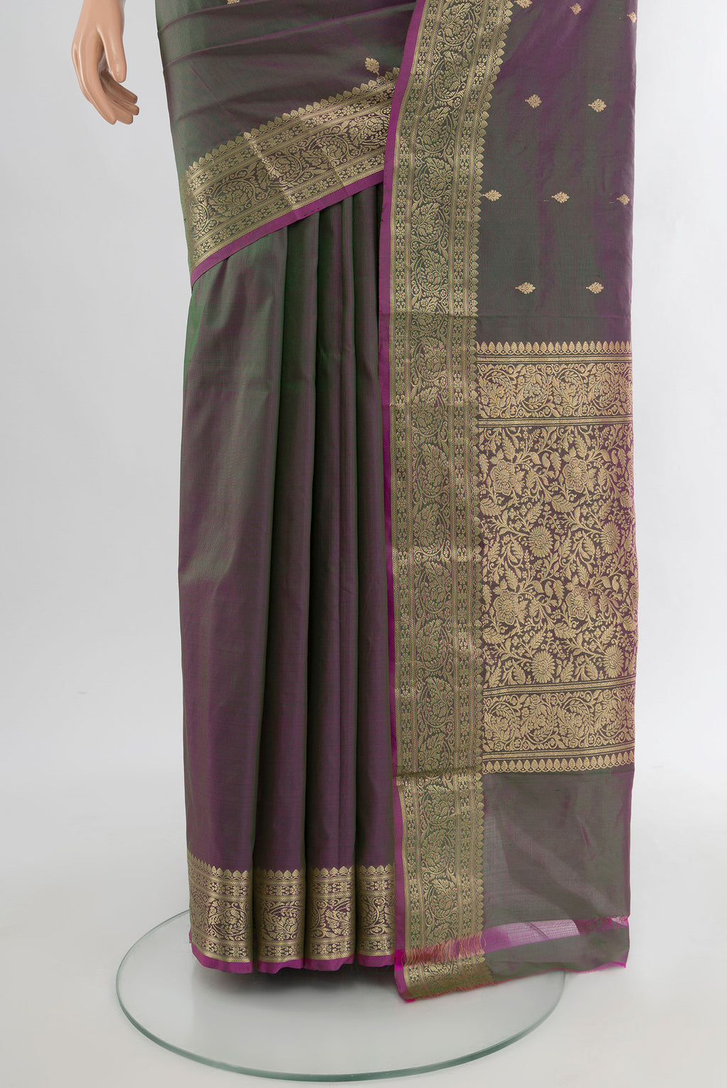 Pleats and pallu of Multi Color Banarasi Katan Silk Saree with Zari Butta on the body and Zari Border. 