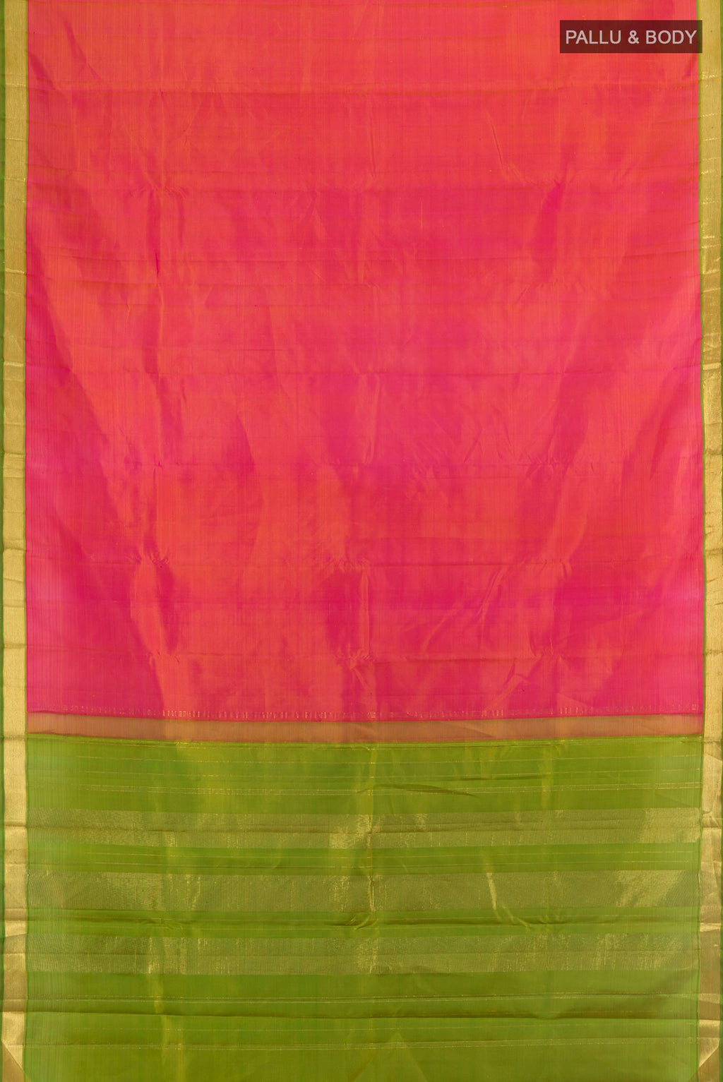 Flat view of Pink Kanjivaram Silk Saree with Plain Body and Zari Border. 