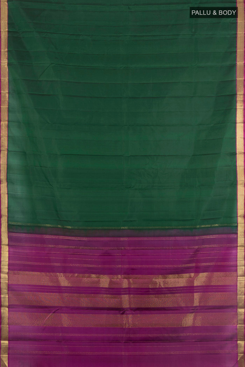 Flat view of Pure Silk Bottle Green Kanjivaram Saree with Plain Body and Zari Border. 