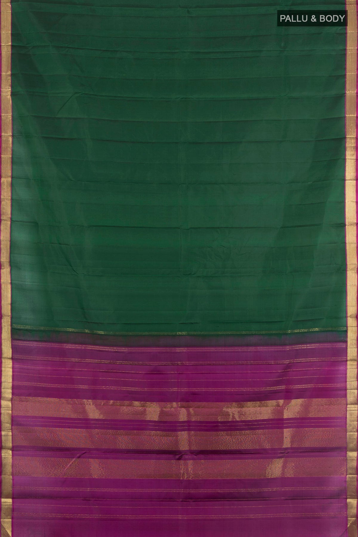 Flat view of Pure Silk Bottle Green Kanjivaram Saree with Plain Body and Zari Border. 