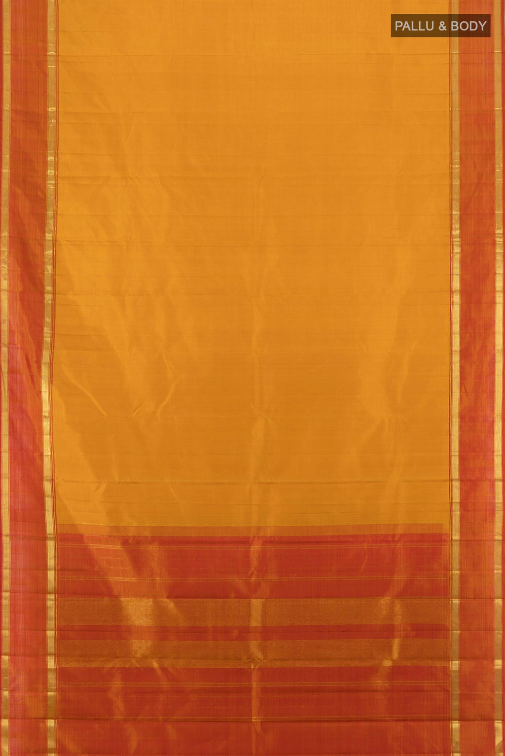 Flat view of Mustard Kanjivaram Silk Saree with Plain Body and Zari Border. 