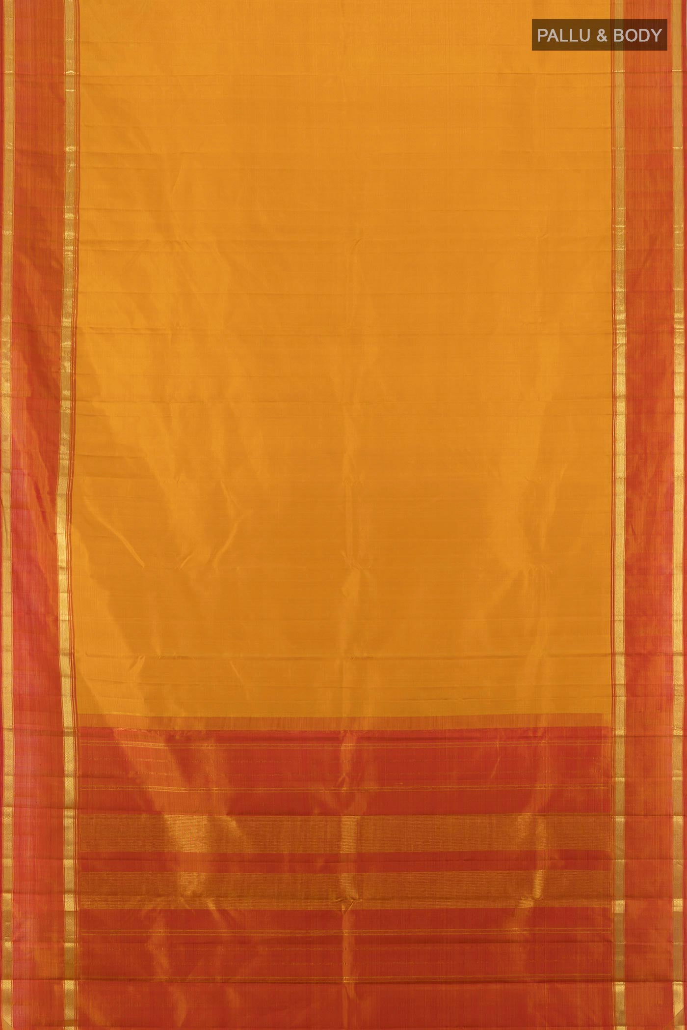 Flat view of Mustard Kanjivaram Silk Saree with Plain Body and Zari Border. 